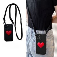 Ins Red Love Heart Ear Cartoon Soft Phone Case iPhone 14 Pro Max 13 12 11 X XS Max 15 iPhone 7 8 Plus Vòng cổ đeo chéo Dây buộc