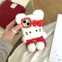 Ins Sáng Tạo Mùa Đông Ấm Áp Sang Trọng Hoạt Hình Dễ Thương Nơ Thêu HelloKitty Cho IPhone 16 15 14 13 12 Pro Max 14Pro 16ProMax 15PM Chống Sốc Chống Rơi I15 / 14 / 13 Vỏ IPhone Ốp Lưng