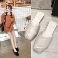Ins Thời Trang Nữ Thấp Gót Sandal Dép Da Đen Giày Nữ Thường Ngày Nửa Lười Giày Loafer