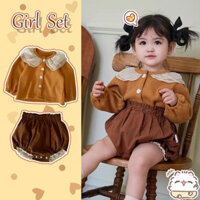 Ins Thu Đông Bé Gái Bộ Trẻ Sơ Sinh Phiên Bản Hàn Quốc Đơn Giản Kaki Ca Rô Họa Tiết Cotton Dài Tay + Quần Short Nâu Quần Áo Bé 0-24 Tháng
