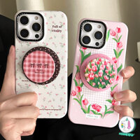 Ins Tulip Lưới Hoa Sạc Không Dây Ốp lưng Có Đế Từ Tính Cho iPhone 16 15 14 13 12 Pro Max Ốp Lưng Cứng Chống Sốc