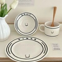 insBộ Đồ Ăn Gốm Sứ Hình Mặt Cười Giá Trị Cao Thiết Kế Thích Hợp Bát Cơm Gia Dụng Khay Ăn Cảm Giác Cao Cấp Khay Trái Cây