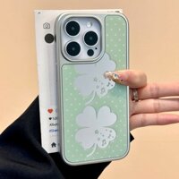 Iphone 16 Pro Max 15 14 12 11 13 Pro Max Thời Trang Phù Hợp Với Màu Xanh Lá Cây May Mắn Bốn Lá Cỏ Ba Lá Trang Điểm Gương Ốp lưng Cho Thiết Bị Chống Sốc Ốp Lưng TPU Mềm