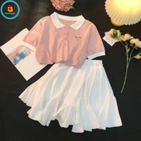Iq Angel Áo sơ mi Polo màu hồng Pastel đáng yêu & Váy trắng chảy Bộ mùa hè