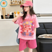 Iq Angel Áo thun màu hồng hoạt hình dễ thương cho bé gái - Áo thun ngắn tay dáng rộng vừa vặn mùa hè