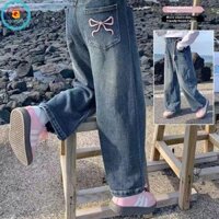 Iq Angel Bowknot Thêu Quần Jean Denim Trẻ Em Có Dây Thắt Lưng Co Giãn Cho Bé Gái, Nhiều Kích Cỡ