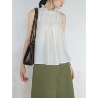 IVORYA - Áo Kiểu Nữ Màu Trắng Không Tay, Cổ Bèo Nhún 2 Tầng - SH9881