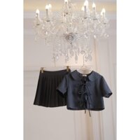 Ivyy Set Bộ áo nữ croptop cổ sen cột nơ hở và chân váy chữ A xếp li bigsize C.lay