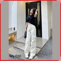 J-030 Quần Jean Trắng Túi Hộp Lưng Cao Ống Suông Phong Cách