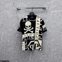 J1 - Áo phông nam nữ Philipp Plein PP in 3D hoạ tiết đầu lâu logo Chất vải poly cotton cổ bo