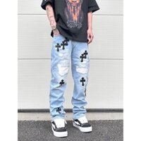 J4rs Kisrate High Street Fashion Brand Washed Blue Ripped Cat Beard Pu Leather Cross Straight Casual Vibe Men's Jeans