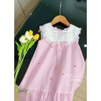 J7362 - Váy June With Love kẻ sọc hồng/xanh in nơ cổ bèo ren trắng bé gái size 2-12y