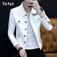 Jacket bò rách quần áo nam phong cách Hàn Quốc màu trắng áo khoác tôn dáng dễ phối mẫu mới 2025 trào lưu mùa thu đông học sinh