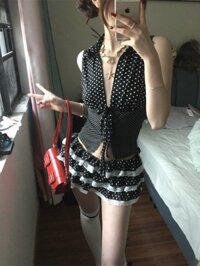 Jamaisvu Gợi Cảm Cô Gái Nóng Bi Chấm Top Nhỏ Ve Áo Nơ Gợi Cảm Áo Vest Nữ