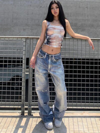 Jamaisvu Nữ Thiết Kế Mùa Hè Cảm Giác Đau Khổ Chân Rộng Lau Nhà Cao Cấp Mỹ Cảm Giác Phong Cách Thiên Niên Kỷ Hot Girl Quần Jean Mờ