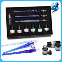 JapanGlass Pen ESSSHOP Glass Dip Pen Ink Bottle Set Rainbow Crystal for Art, Writing, Signing, Calligraphy, and Decoration Drawing Pen Body *3 + 6 Inks Fountain Pen Notebook (Blue)