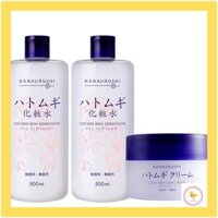 【Japan】Hana-jirushi Hatomugi (Job’s Tears) Lotion 500ml & Hatomugi Cream 100g Set for Face and Body - Family Set 3 Items Unscented Face Care Set for Clear Skin and Moisturizing Lotion & Hatomugi Gel