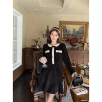 (JARI-SHOP) Đầm Dạ Đen Phối Bèo Trắng 2 Kiểu Ngắn Dài Cho Nữ Xinh Xắn