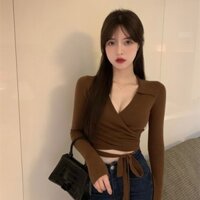Jashucheng Áo Thun Cổ Chữ v Khoét Sâu Phong Cách Mỹ Thời Trang Thu Đông Quyến Rũ Cho Nữ