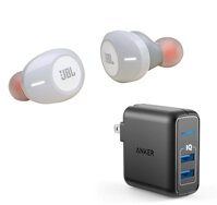 JBL Tune 120TWS True Wireless Bluetooth in-Ear Headphone Bundle with Anker PowerPort Elite 2 Port USB Wall Charger - White