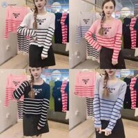 [Jcaaap] Áo thun nữ sọc in chữ thường ngày dài tay cổ tròn [ISO]