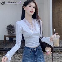Jcaaap Pure Desire Gợi Cảm Cổ Chữ V Ren Bảng Dài Tay Áo Thun Nữ Crop Top Gdo