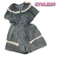 Je01 set bộ đồ nữ Jean áo tay ngắn cổ lá sen viền bèo trắng cài nút+ quần đùi Women Nhung Women Nhung Top Voi Kem Jacket