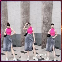 [Jeans nữ thiết kế] Chân váy jeans dáng dài, chân váy bò lưng cao túi chéo xẻ sườn. Mã V7135