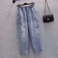 Jeans quần bò cạp chun thêu nổi ngôi sao mặt trăng