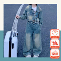 (Jean)Set bò gồm Áo Khoác Kèm Quần Jean Suông - Chọn Size Theo Chiều Cao