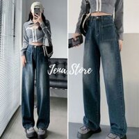 Jena.store Quần jean ống rộng suông nữ Cạp Cao Cực Tôn Dáng , Quần Ống Rộng Nữ Túi Hộp Chéo Phong Cách RETRO