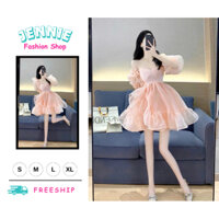 🍀JENNIE🍀 🛍Đầm Váy Nữ🛍  Đầm thời trang bánh bèo màu hồng vải xốp tơ ánh kim cúp ngực tay ngắn mặc được 2 kiểu váy min