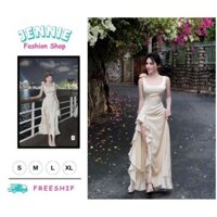 🛍JENNIE SHOP🛍 🛍Đầm váy nữ🛍Đầm maxi thời trang nữ chất lụa satin 2 dây cổ vuông đính nơ trên vai váy xẻ tà phong cách