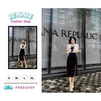 🛍JENNIE SHOP🛍 🛍Set Váy Nữ🛍 Sét váy thời trang nữ công sở áo chất lụa bèo đính nơ đen mix chân váy dài xẻ đùi umi