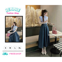 🛍JENNIE SHOP🛍 🛍Set Váy Nữ🛍 Sét váy nữ thời trang mặc đi chơi áo chất lụa sọc tay cánh dơi ngắn cột nơ cổ một bên phố