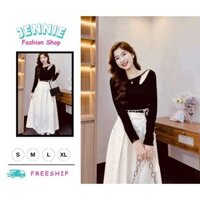 🛍JENNIE SHOP🛍 🛍Set Váy Nữ🛍 Sét váy thời trang nữ mặc đi chơi áo chất tăm lạnh lệch vai hở tay dài phối chân váy kaki