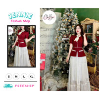 🛍JENNIE SHOP🛍 🛍Set Váy Nữ🛍  Set váy dáng dài xoè vải tơ hai lớp phối áo gấm ánh kim cổ trụ thắt nơ tay ngắn phối viề