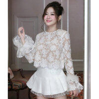 JENNYCLOSET ® “Claire Set”• Áo cổ tròn ren hoa đính lông tay cao cấp mix chân váy xếp ly phối ren ( hàng chuẩn mẫu 100%)