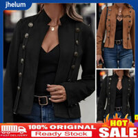 [Jhelum.]Mùa Đông Thu Nữ Áo Khoác Cổ Cao Nửa Cổ Retro Tay Dài Màu Trơn Cardigan Đôi ngực Trang Trí Slim Fit Nữ Du Lịch Mua Sắm Áo Khoác
