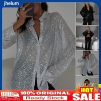 [Jhelum.]Nữ Mùa Hè Áo Sáng Bóng Kim Sa Lấp Lánh Trang Trí Áo Sơ Mi Áo Màu Trơn Rời Phù Hợp Với Ve Áo Dài Tay Nút Placket Áo Sơ Mi Cao Cấp