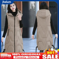 [Jhelum.]Phụ Nữ Mùa Đông Áo Khoác Có Mũ Trùm Đầu Dày Không Tay Bề Mặt Bóng Đệm Có Túi Dây Kéo Đóng Cửa Chiều Dài Giữa Áo Ngoài Trời