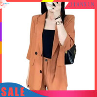 Jianxin  Áo khoác tay áo 3 / 4 có ve áo Bộ đồ bỏ túi chức năng Áo khoác phù hợp với ngực đôi phong cách dành cho nữ có túi nắp Hoàn hảo cho trang phục công sở Có sẵn màu trơn