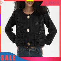 Jianxin Áo len Cardigan nữ màu trơn Áo len dệt kim nữ sành điệu có túi Áo len cổ chữ O dài tay màu trơn Đơn hợp thời trang cho Đông Nam