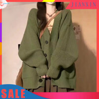 Jianxin Áo len màu trơn Áo len dệt kim cổ chữ V sành điệu có túi Áo len Cardigan dáng rộng vừa vặn dành cho nữ Áo khoác màu trơn dài vừa phải Thời trang Đông Nam Á hợp thời trang