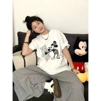 Jiashuchen 100% Cotton Chuột Mickey In Hình Áo Thun Nữ Mùa Hè Phong Cách Mới oversize Rời Cổ Tròn Cổ Tròn