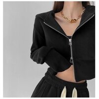 Jiashuchen Áo khoác ngắn giản dị có mũ trùm đầu dài tay phong cách thể thao dáng rộng Hot Girl Áo nỉ thiết kế cảm giác đôi dây kéo hàng đầu