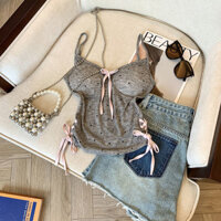 Jiashuchen Chấm Bi Đẹp Áo Vest Nhỏ Nữ Mùa Hè Buộc Dây Nơ Dopamine Nhỏ Sling Ngắn Tay Top