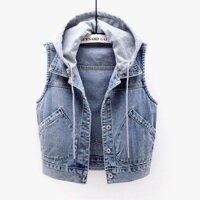 Jiashuchen Denim Vest Nữ Mùa Xuân Ngắn Phong Cách Mới Có Mũ Trùm Đầu Túi Lớn Áo Khoác Không Tay Phù Hợp Với Slim-fit Top Cardigan