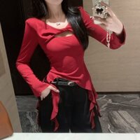 Jiashuchen Không Đều Xoắn Rỗng Ruy Băng Dài Tay Áo Thun Nữ Thiết Kế Đầu Thu Phù Hợp Với Mỏng Hơn Nhìn S