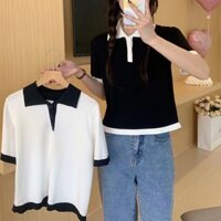 Jiashuchen Preppy Phong Cách Mùa Hè Phong Cách Mới Dệt Kim Ngắn Tay Băng Lụa Áo Thun Nữ polo Áo Sơ Mi Thiết Kế Niche Phong Cách Ngắn Bên Trong Top